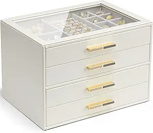 VLANDO 4 Layer Jewelry Box for Women, Glass Lid Jewelry Organizer with 4 Drawers for Necklaces Rings Earrings Bracelets - Cloud White
