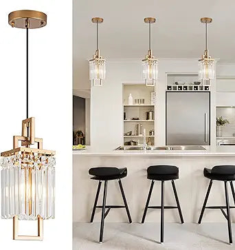 Modern Gold Pendant Light Fixtures for Kitchen Island and Dining Room, Industrial Small Hanging Crystal Chandelier Light Fixture for Bedroom Entryway Living Room Foyer Hallway 3-Pack