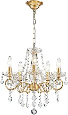 ANJIADENGSHI Mini Crystal Chandelier K9 Crystal Gold Chandelier for Living Room Bedroom Dining Room Kitchen Island Entryway 5 E12 Bulbs High 16.5 in x Diameter 16.9 in, Golden