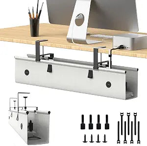 Under Desk Cable Management Tray, 30-inch No-Drill Cord Organizer with Anti-Sag Reinforced Base, Fabric Wire Management Hider for Standing Desk, Office & Gaming Accessories - Grey