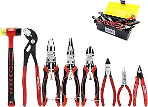 8-Piece Tool Set with Case Including 10 Groove Joint Pliers, 8.3 Long Nose, 8.3 Linesman, 7.5 Diagonal, 6 Flush Cutter, 5 Long Nose, 5 170 Cutter, 25mm Rubber Mallet for DIY & Home Use