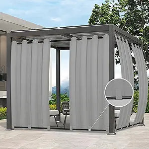 Easy-Going Outdoor Curtains Waterproof Windproof Weatherproof Curtain for Patio, Cabana, Porch, Pergola and Gazebo, Grommet Top and Tab Bottom Drape, 6panels, 54x96 inch, Light Grey