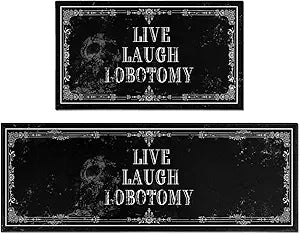 Goth Kitchen Mat Set of 2 - Non Slip Halloween Spooky Kitchen Rugs Black Goth Rug Skull Witchy Rug for Home Kitchen - Live Laugh Lobotomy Sign - Halloween Gothic Kitchen Decor Accessories