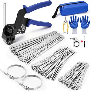 Stainless Steel Cable Tie Gun Kit with 300PCS Metal Zip Ties, (100 Each of 6,8, 11.8 Inch) Heavy Duty Steel Metal Zip Ties Tool Set for Chain Link Fence, Exhaust Pipes, Automotive, Rebar & Fencing