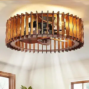 20" Flush Mount Ceiling Fan with Light, Wooden Caged Low Profile Fandelier with Remote, 6-Speed Reversible Bladeless Fan, Farmhouse Ceiling Fan for Bedroom, Kitchen, Living Room