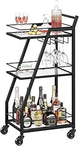 YATINEY Bar Cart for The Home, 3-Tier Serving Cart with Wheels, Drink Cart with Glass Holder, Rolling Beverage Cart for Kitchen, Party, Black BC03BK
