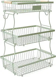 3 Tier Fruit Basket with 2 Banana Hangers, Countertop Fruit Vegetable Stand Produce Holder Organizer for Onion Potato Bread Snack Veggie Green