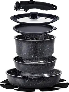GiPP Ceramic Non Stick Pots and Pans Set,Nonstick Detachable Handle Cookware Sets,Healthy Non Toxic PFAS PFOA & PTFE Free, Dishwasher Oven Safe, Induction Kitchen Pot and Pan, 8 Piece Grey