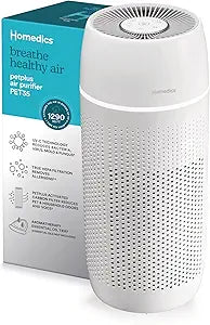 Homedics 5-in-1 PetPlus UV-C Air Purifier - 360-Degree HEPA Filter for 266 Sq Ft, Air Purifiers for Pets, Bedroom, and Home with Essential Oil Pads and Built-In Timer, 3 Speed Settings, White
