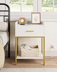 Masupu Nightstand with Charging Station,3-Tier Modern Bedside Night Stand with Storage Drawer and Shelf,Small End Side Table for Bedroom,Living Room,White