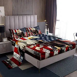 Feelyou American Flag Sheets Twin Size Wild Animal Eagle Printed Bedding Set for Kids US Stars Stripes Flags Bed Sheets Vintage Independence Day Sheets Set,1 Fitted Sheet+1 Pillow Sham+1 Flat Sheet