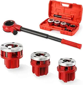 Pipe Threader Ratchet Kit Manual Ratcheting Pipe Threading Tool Set with 3 NPT Dies 1/2" NPT, 3/4" NPT, 1" NPT,Portable Cast Iron Pipe Threading Set for Galvanized Aluminum Iron Copper PVC Pipes