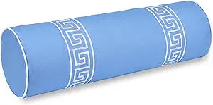Hofdeco Premium Coastal Hampton Patio Indoor Outdoor Bolster Pillow Cover Only, 8"x24" Water Repellent for Backyard, Couch, Poolside, Azure Blue Embroidered Greek Key