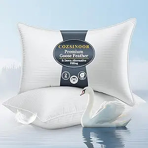 COZSINOOR Goose Feather Pillows Queen Size Set of 2 - Hotel Down Bed Pillow for Sleeping, Soft 600 TC Cotton Cover, Fluffy Support Surround Fill Down Alternative for Back, Stomach, Side Sleepers