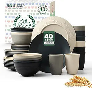 Homienly Kitchen Wheat Straw Dinnerware Set 40 PCS - Dinner Plates, Cereal Bowls, Wheat Straw Cups Set, Microwave and Dishwasher Safe Dishes Set, Unbreakable Dish Set for Party, Outdoor(Grey Stone)