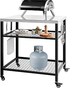 Stainless Steel Outdoor Grill Cart Pizza Oven Stand Trolley Table with Wheels Three-Shelf Movable Food Prep and Work Table Heavy Duty Grill Carts Outdoor Cart 31.5"24"35.5"