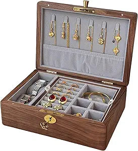 Bescott 2 Layers Solid Black Walnut Wooden Jewelry Box for Women with Lock and Key Wood Vintage Organizer for Men Earrings Rings Necklaces Bracelet Storage
