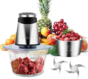 BUMET Electric food processor vegetable chopper 500W 2x8cup bowls 2 bi-layer 4 blades Small Food chopper ideal as Electric Meat grinder for home use,Mincing,chopping for kitchen aid,baby foot,pet food