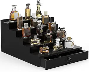 upcessory Cologne Organizer for Men, 5 Tier Black Cologne Shelf, Perfume Stand with Drawer and Hidden Compartment Perfume Display Holder - A Gift for Men
