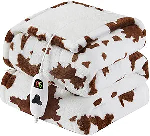 Heated Electric Blanket Twin Size,62X84 Brown Heating Blanket with 10 Heats Levels & 8 Hours Auto Off,Highland Cow Fleece Cow Print Sherpa Blankets Warmer Gifts for Women Adults Couch,Washable