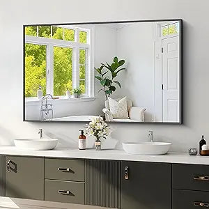 Koonmi Black Framed Bathroom Mirror - Shatterproof 30"x50" Tempered Glass, HD No Distortion, Horizontal/Vertical Mount, Modern Matte Aluminum Alloy Frame