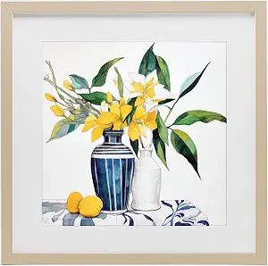 Lemons and Blooms Table Floral, 13 x 13 Inch Framed Print Under Glass