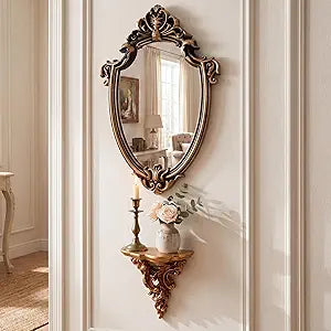 Novabright 16 X11 Inch Small Vintage Oval Wall Mirror and 6x5.7 Inch Decorative Wall Shelf, Small Wall-Mounted Mirrors Resin Frame Gold Antique Rack for Vanity Bedroom Living Room Home