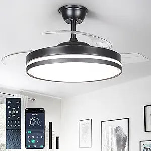 Depuley Retractable Ceiling Fans with Lights: 42 Inch Modern Chandelier Ceiling Fan with Remote & APP Control - Reversible Silent Smart Black Dimmable LED Fandelier for Living Room Bedroom Timming