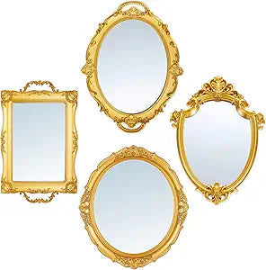Beeveer 4 Pcs Vintage Gold Mirrors Set Decorative Hanging Wall Decor for Wedding Gallery Bedroom Bathroom Antique Jewelry Dresser Organizer Mirrored Tray Victorian Decor (Classic,Gold)