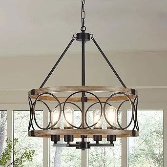 4-Light Farmhouse Chandelier, Rustic Faux Wood Chandeliers Dining Room Light Fixture, Round Pendant Light, Hanging Kitchen Island Light for Living Room, Entryway, Foyer-Black & Wood Grain