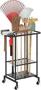Garden Tool Organizer with Wheels, Yard Tool Rack Heavy Duty Steel Tool Organizer and Storage Holder Broom Holder for Garage, Shed, Patio, Indoor/Outdoor