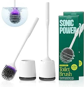 SonicPower Electric Toilet Brush & Scrubber  Self Cleaning Silicone Toilet Bowl Brush with UVC Light, Rechargeable Wireless Spinning Toilet Brush & Holder Set, Wall Mount or Floor Standing (2 Pack)