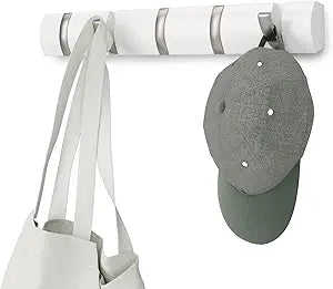Umbra Flip Wall-Mounted Coat Rack with 5 Hooks  Modern, Space-Saving Storage for Hats, Jackets, Bags, Entryway, Mudroom, Closet, Bathroom, Bedroom  White/Nickel
