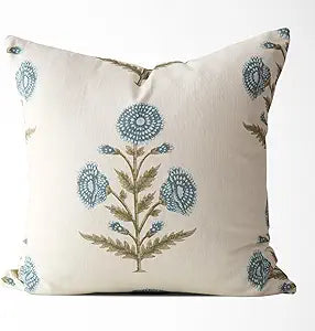 Tajik Home Flora Vintage Zinnia Block Print Pillow Cover 20x20  100% Cotton Decorative Throw Pillow Cover  Coastal Grandma Grandmillennial Style Accent for Sofa, Couch, or Bed