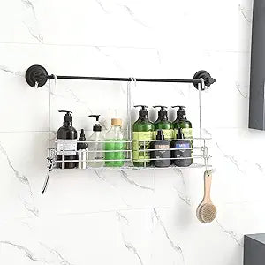 2pcs Single-Layer Hanging Shower Caddy, Rustproof Shelves Rack with Rotatable Hook bar, Large Capacity Bathroom Organizers and Storage, No Drilling Shampoo Bracket