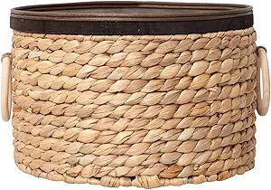 Water Hyacinth Storage Basket with Wooden Lid & Handles, 12.0" D x 6.7" H Handwoven Round Basket for Living room,Bathroom - Decorative Organizer for Home (Large)