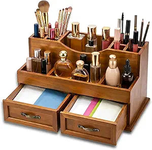 Rustic Wood Makeup Organizer with 2 Drawers, Vintage Tabletop Storage Box for Perfume, Skincare and Beauty Supplies, Thick Wood Design for Office, Bathroom, or Countertop