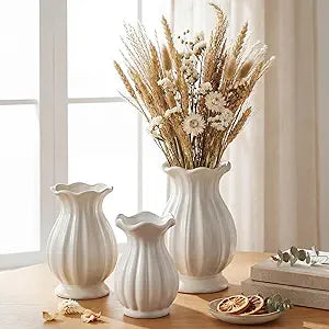 3 Pack White Ceramic Vase Set Small Rustic Decorative Vases Home Decor Wavy Edge Modern Flower Vases for Farmhouse Table Centerpiece Living Room Kitchen Bedroom (5.7,6.7,7.9in,Elegant)
