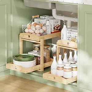 APRTAT 2 Pack Under Sink Organizer, Bamboo Wooden 2-Tier Pull-Out Storage with Sliding Drawers for Kitchen and Bathroom Cabinets, Easy Installation (Natural)
