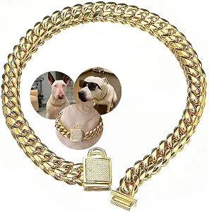 Gold Dog Chain Collar Stainless Steel with Zirconia Lock Luxury Dog Necklace 14MM Heavy Duty Cuban Chain Collar for Small Medium Large Dogs (14mm Gold,24inch)
