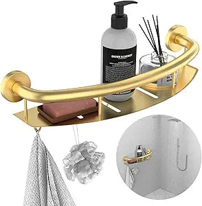 Gold 18-inch Safety Grab Bar with Storage Shelf for Bathtub or Shower, Drainage Holes, Stainless Steel, Wall Mounted Grab Bars for Elderly Injured Balance Support