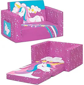 Delta Children Cozee Kids Couch 2-Seater Kids Sofa, Convertible 2-in-1 Flip Open Toddler Couch Sleeper, Foam Chair for Playroom & Bedroom, Bed Lounger, Comfy Play Sleeping Lounge Chair, Unicorn