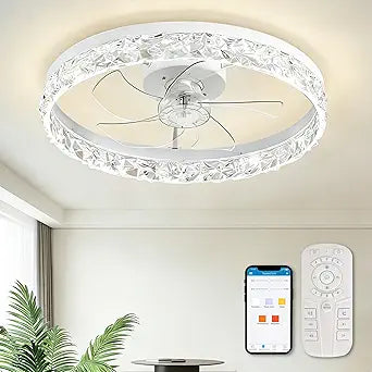 20 Inch Ceiling Fan with Lights and Remote, Modern Low Profile Fandelier with Light, White Crystal Flush Mount Ceiling Fan, Stepless Dimming 6 Wind Speeds for Bedroom Living Room