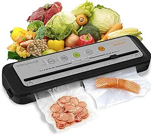 Updated Vacuum Sealer Machine 2025, MEGAWISE Food Sealer w/Starter Kit, Dry & Moist Food Modes, Compact Design with 10 Vacuum Bags & Built-in Cutter (Grey)