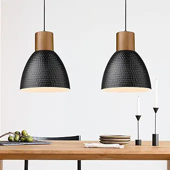 ELYONA 2 Pack Hammered Pendant Lights, 10.2 Industrial Metal Solid Wood Hanging Lamp, Modern Island Pendant Light Fixtures for Kitchen Bar, Farmhouse Dining Room, Bedroom, Living Room, Office, Black