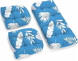 All Weather 3 Piece Wicker Furniture Chair Cushions, Waterproof Outdoor Wicker Chair Cushion for Patio Furniture Loveseat Settee Bench, 1 Loveseat and 2 U-Shaped Thickened Cushions, Blue Leaf