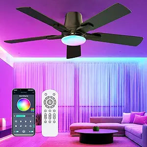 42" RGB Ceiling Fans with Lights, Low Profile Ceiling Fan with Light, RGB+3CCT 6 Wind Speeds, App & Remote Control, Flush Mount LED Fan Light, Fandelier Ceiling Fan for Bedroom, Living Room