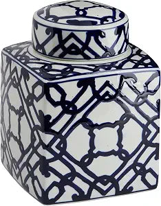 Creative Co-Op Decorative Square Ceramic Ginger Jar with Lid, Blue and White Geometric Fretwork