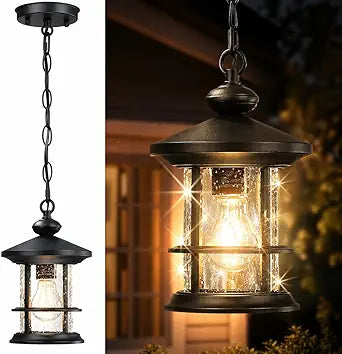 Vintage Hanging Porch Lantern, Matte Black Outdoor Pendant Light with Seeded Glass, Adjustable Chain Exterior Hanging Lamp for Front Door Porch Backyard Patio Balcony Garden Gazebo