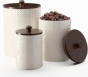Ceramic Canisters Sets for the Kitchen - Kitchen Canisters for Countertop with Airtight Bamboo Lids - Ceramic Canister Set of 3 for Flour, Sugar, Tea or Spice - Airtight Coffee Canister